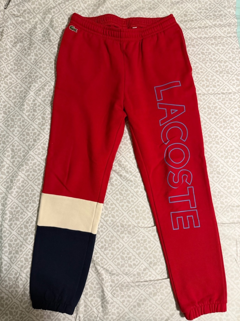 Lacoste Red Sweatpants with Navy & Cream Panels